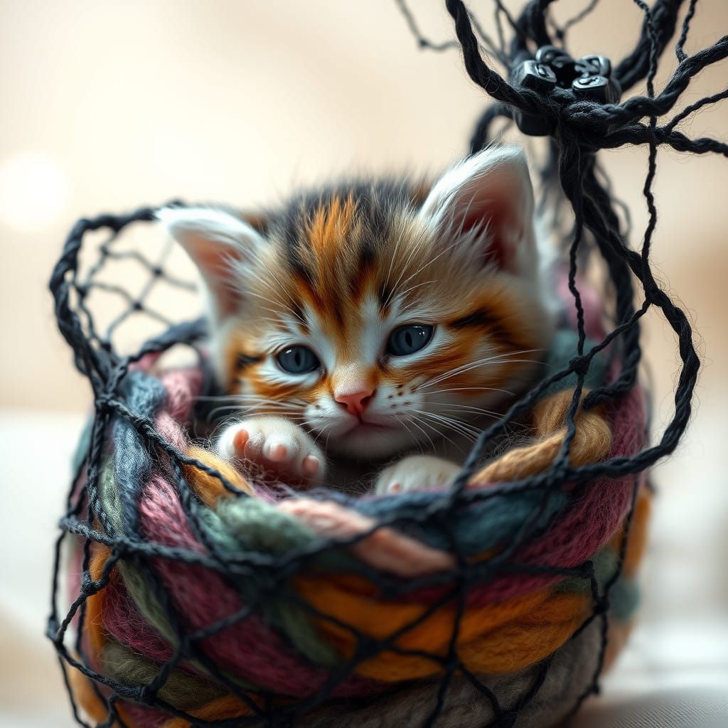 Realistic Hyper-Realistic Felted Wool Kitten in a Spider's W...