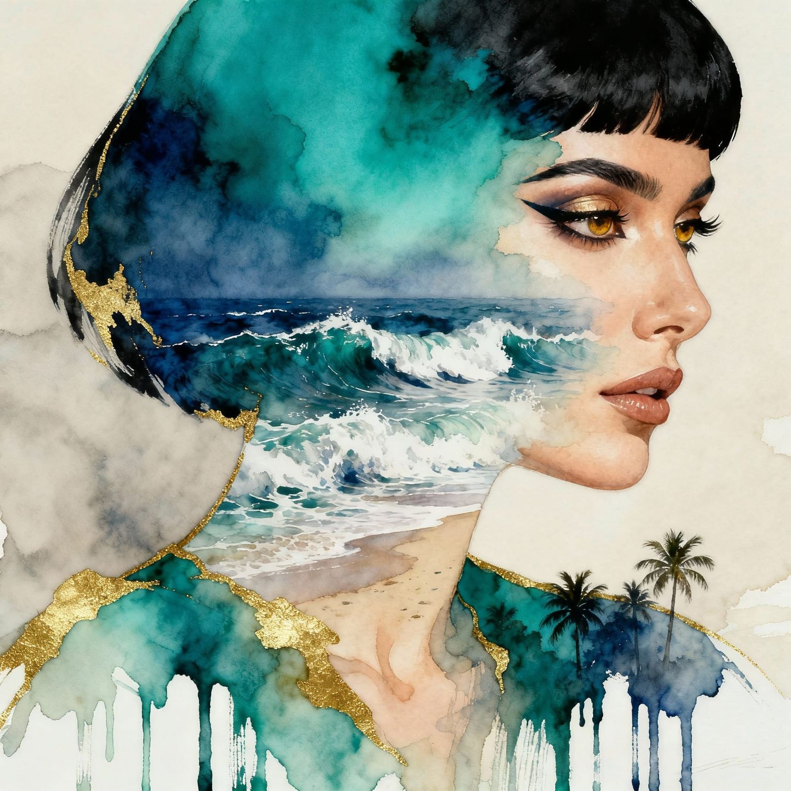 Woman Merged With Coastal Seascape in Watercolor Style