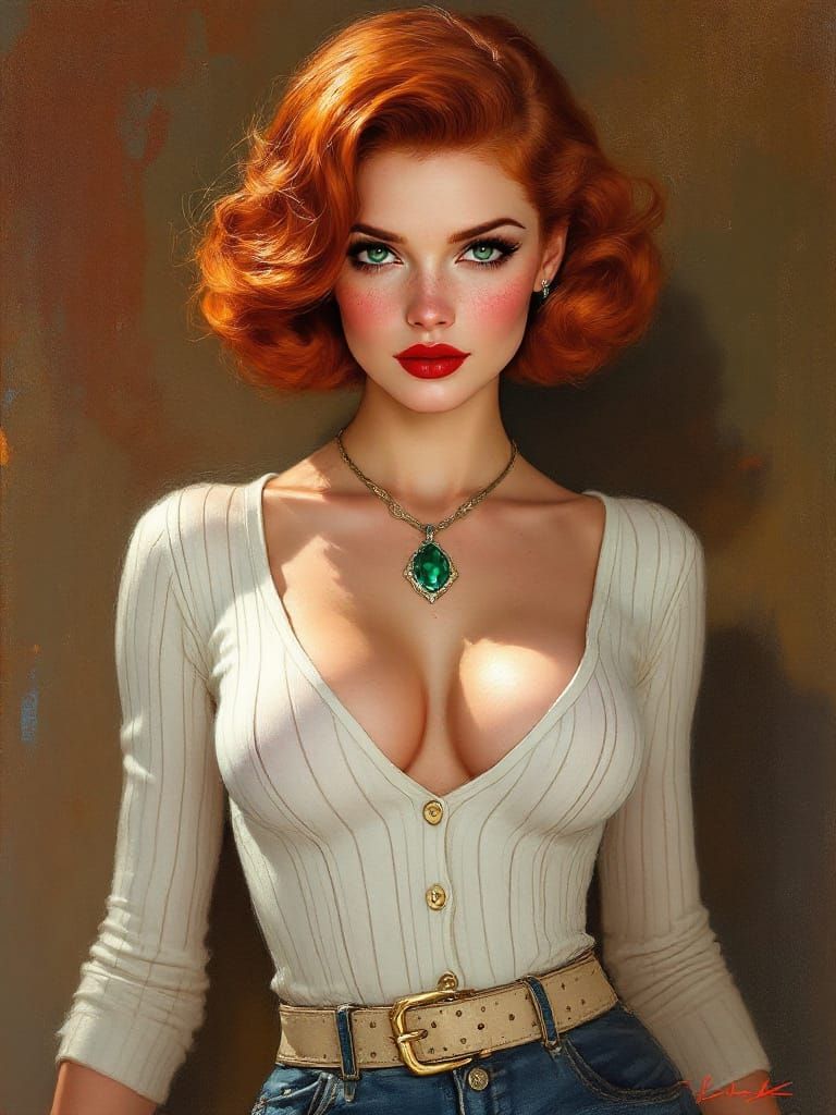 1950s Pin-Up Girl with Red Curls and Green Eyes