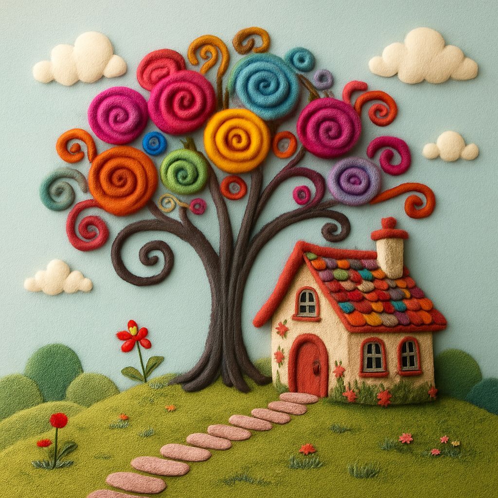 Colorful Felt House and Intricate Tree: Folk-Art Dream