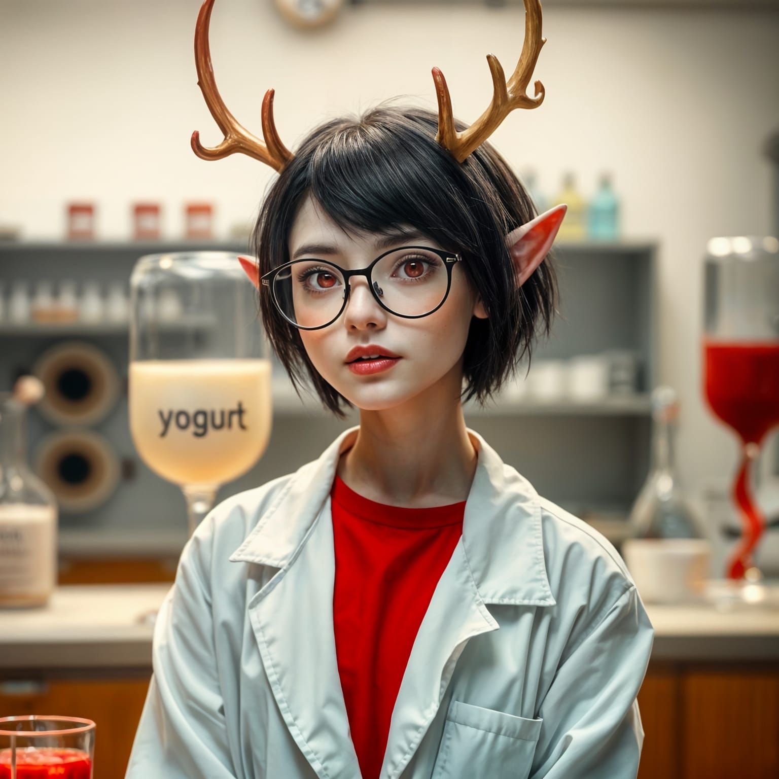 Elf Scientist with Reindeer Antlers in Lab
