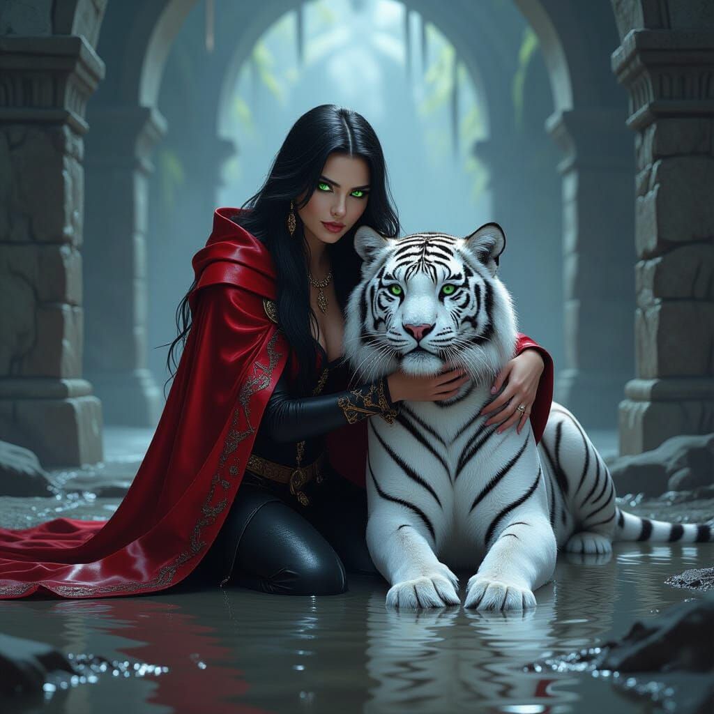 Sorceress and White Tiger in Dungeon Puddle