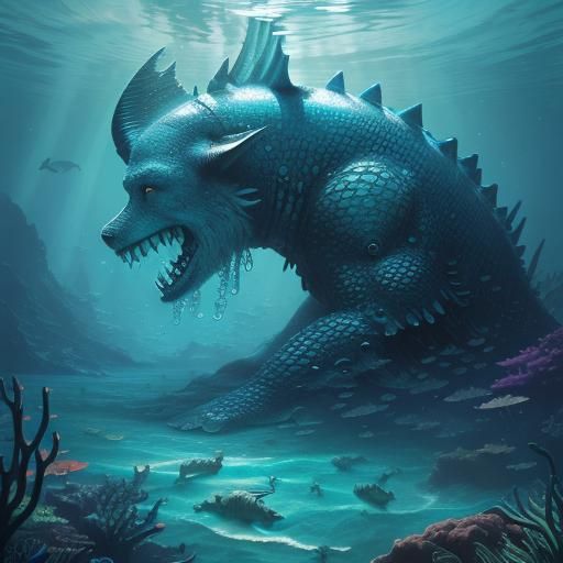 Dog Shark Monkey Sheep Hybrid in Surreal Sea