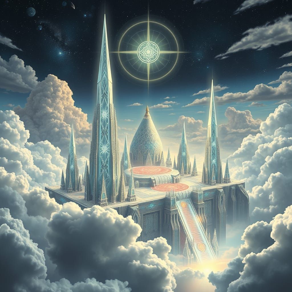 Lemurian City Floating in Cloudy Skies: Visionary Art