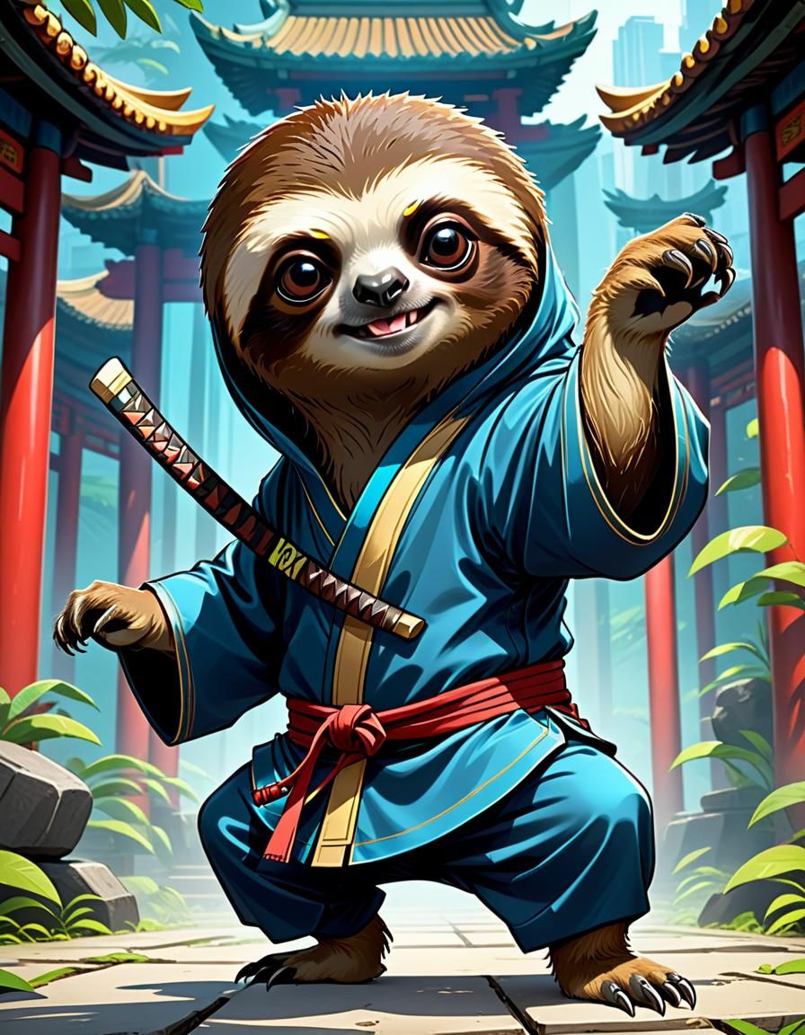 Kung Fu Sloth in Comic Book Anime Style