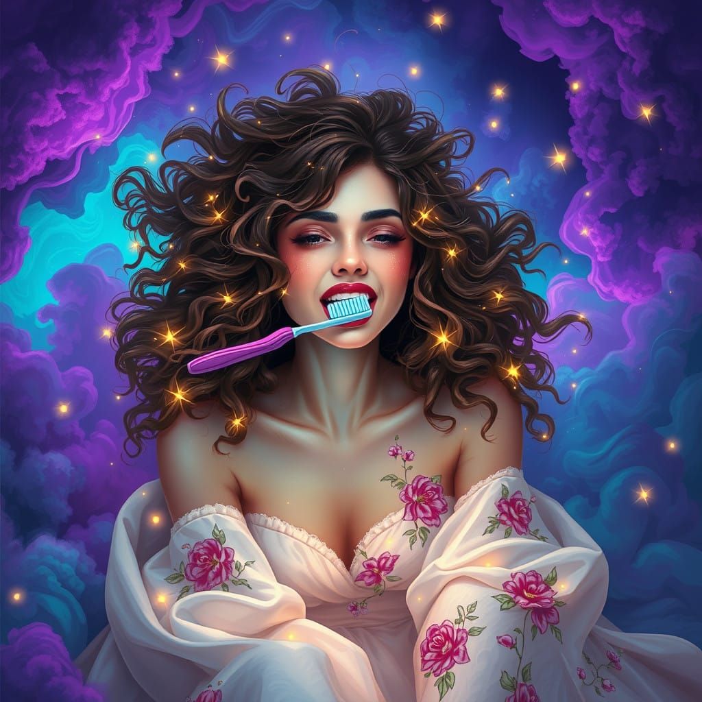 Mystical Dream Woman with a Toothbrush, Amidst Whimsical Clo...