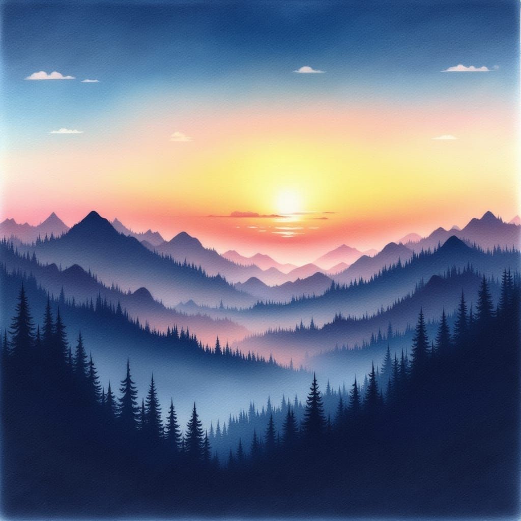 An airbrushed landscape depicting a serene mountain range at...