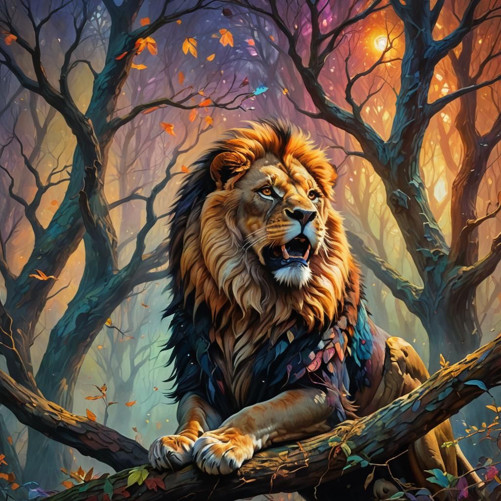 Lion-Eagle Hybrid in Mystical Forest, Oil Painting