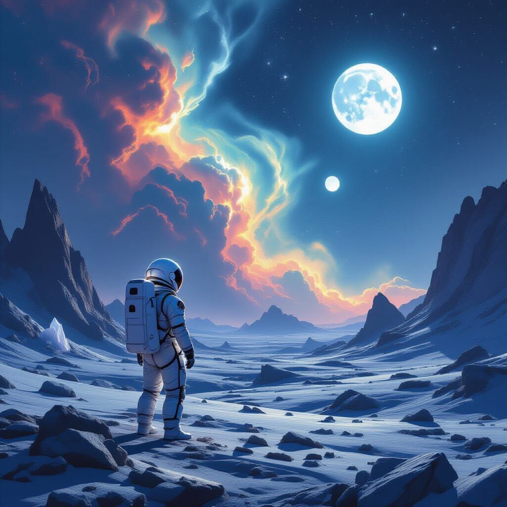 Astronaut Gazes at Alien Sky with Twin Moons and Nebulae