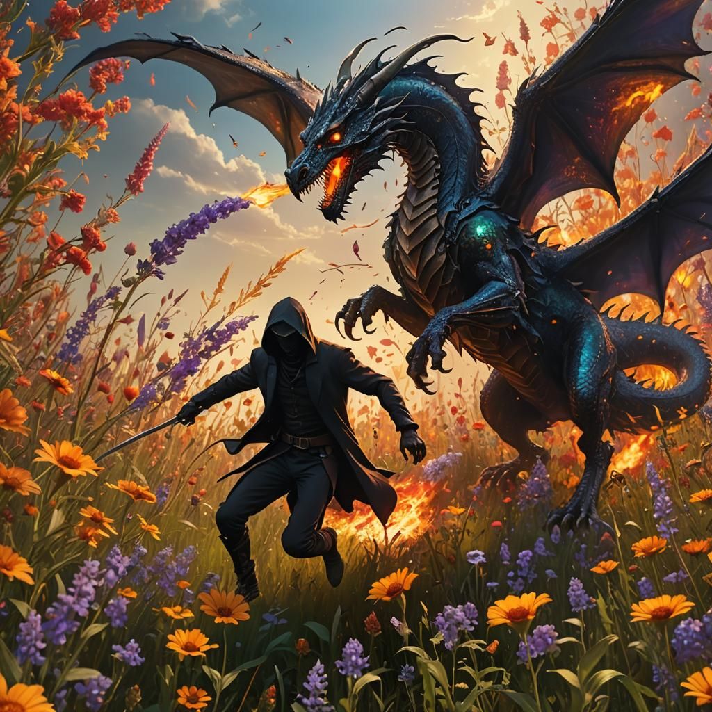 Grim Reaper Running From Dragon in Wildflower Field