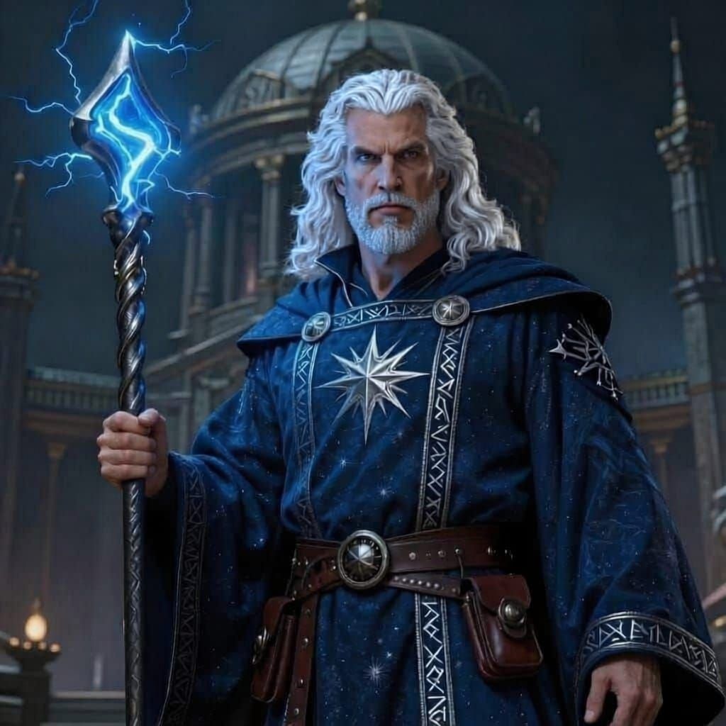 Male Sorcerer Casting Lightning in Dark Blue Robes