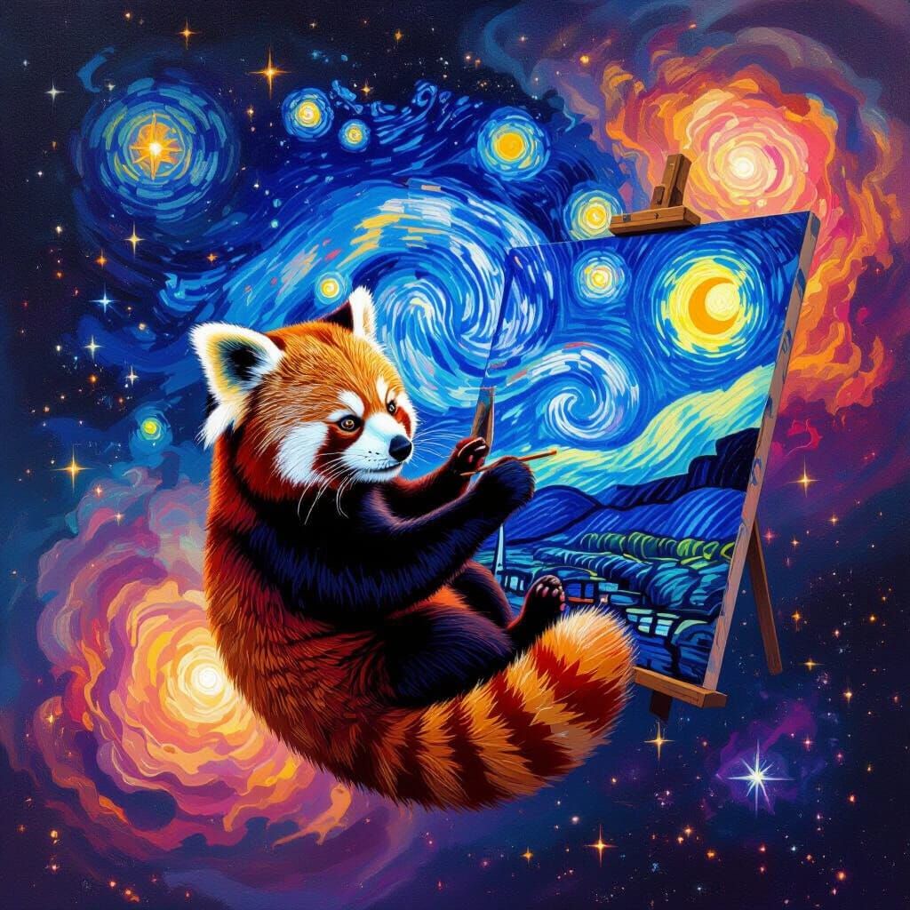 Psychedelic Red Panda Paints Starry Night in Cosmic Space