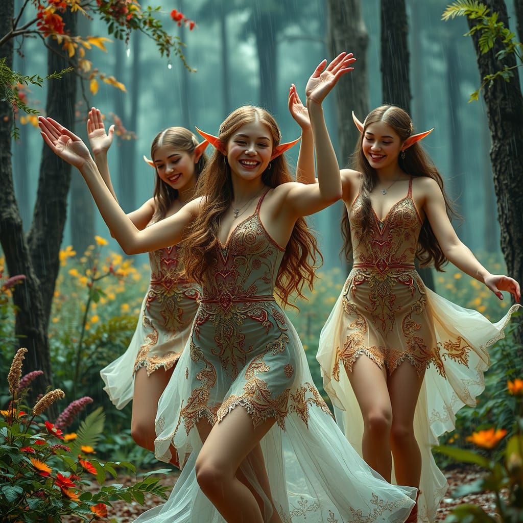 Elven Women Dancing Joyfully in Rainy Forest