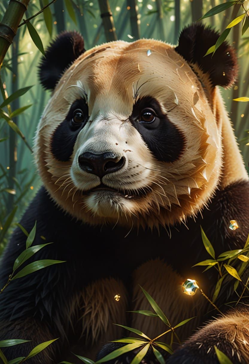 Panda with Crystalline Ear in Misty Forest