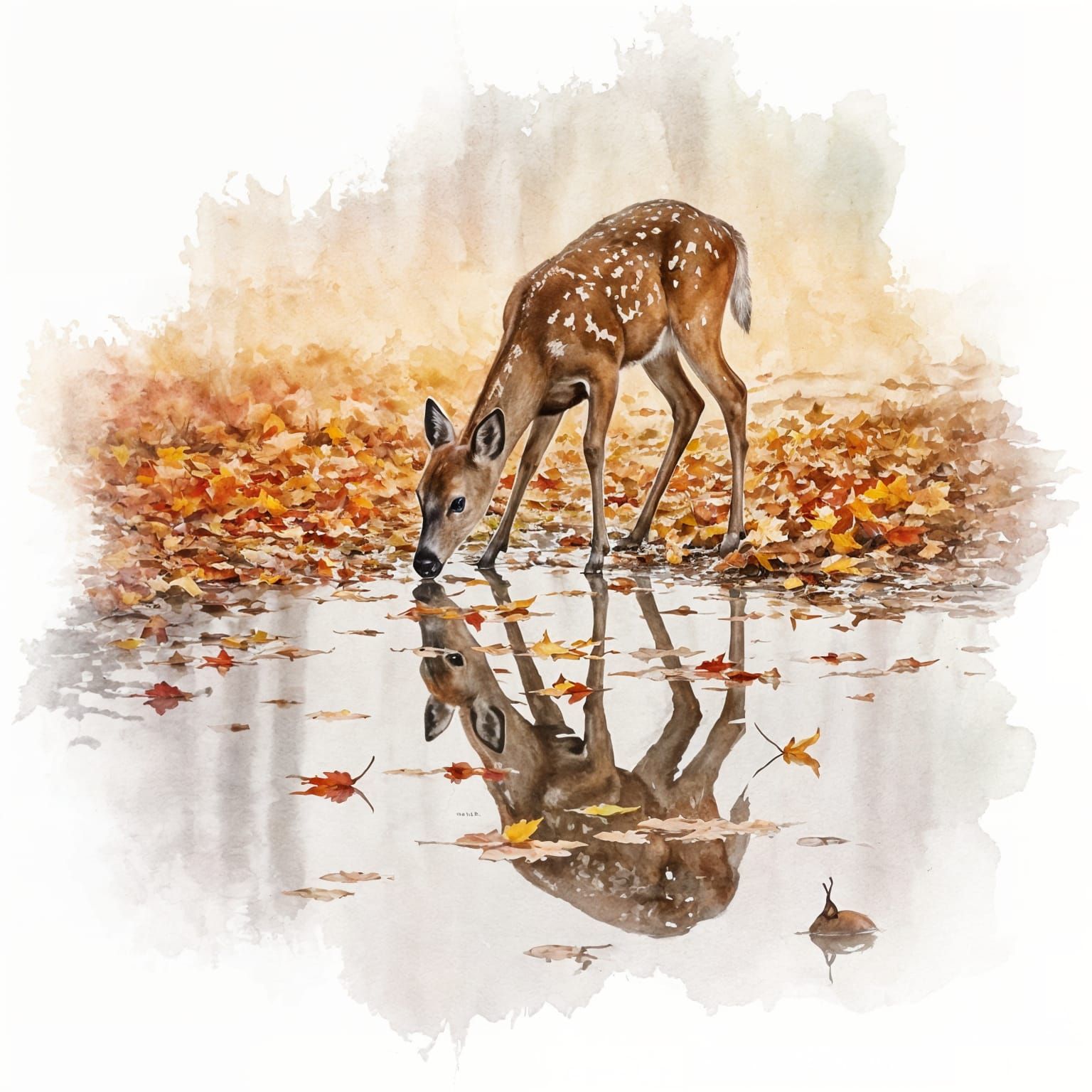 Deer Drinking in Autumn Puddle Watercolor Painting