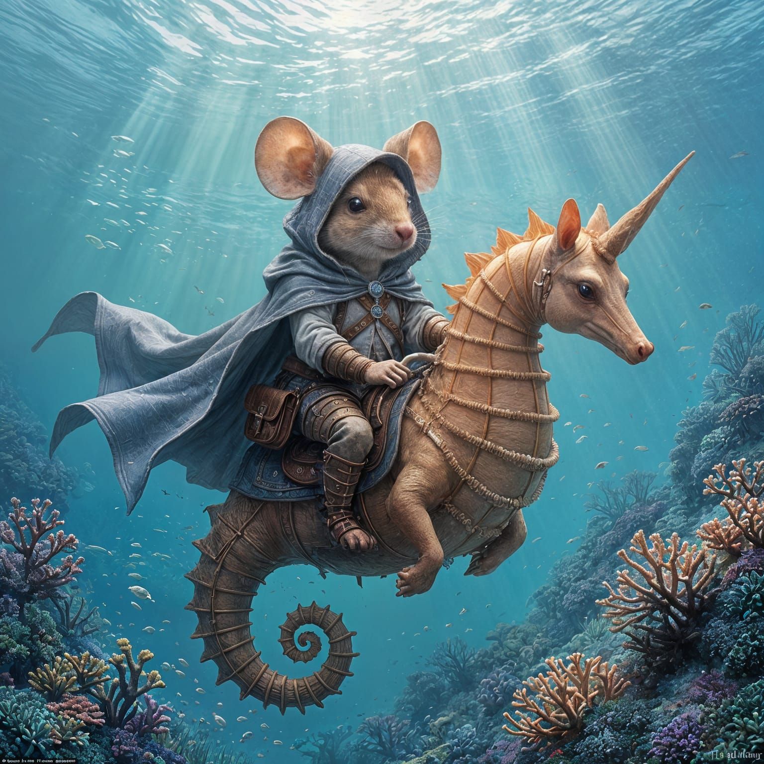 Mouse Riding Seahorse in Underwater Fantasy