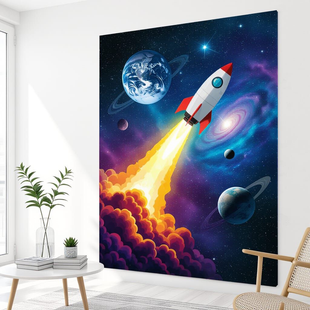 Space Rocket Orbits Moon In Cosmic Illustration