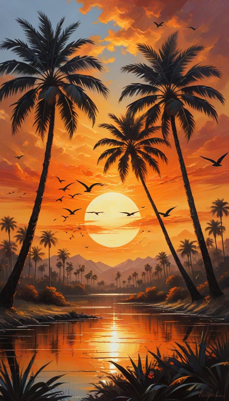 Tropical Sunset Oil Painting with Palm Trees