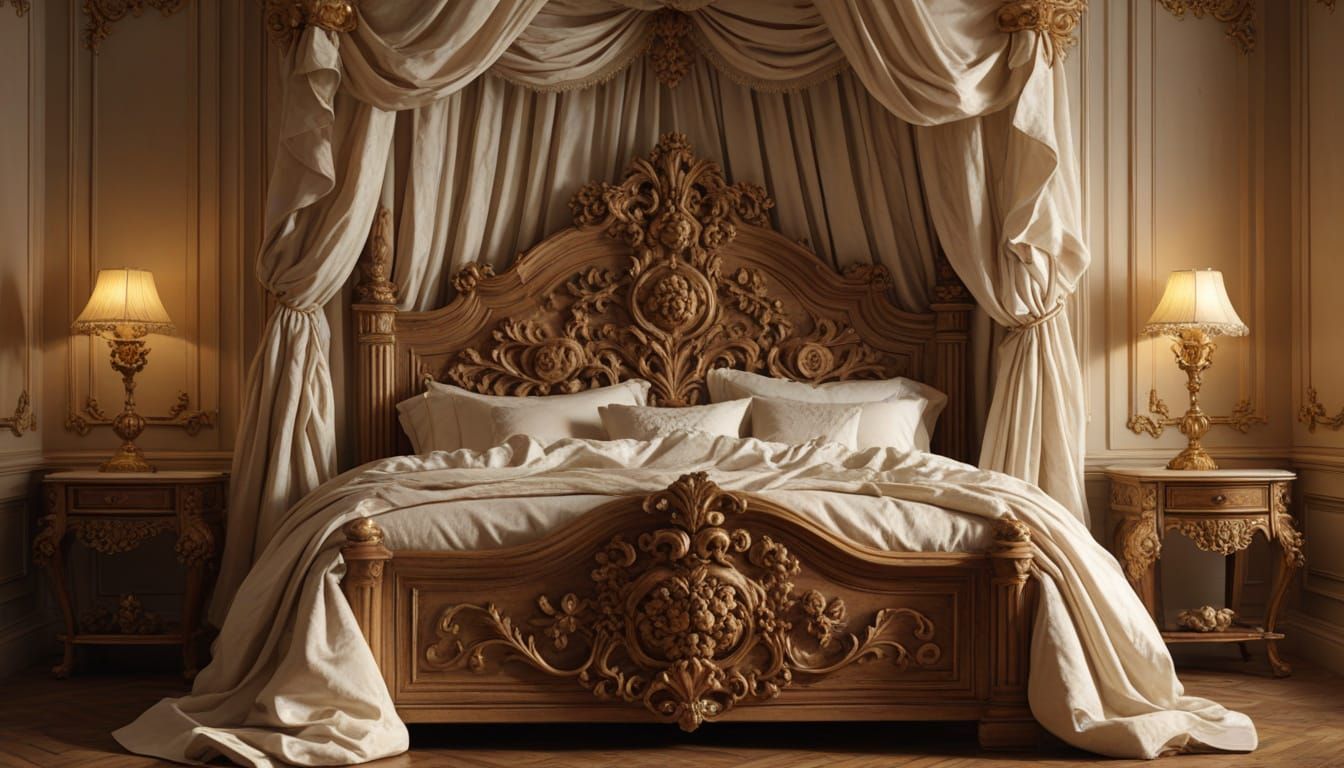 Elegant Baroque Bed with Intricate Carvings and Golden Accen...