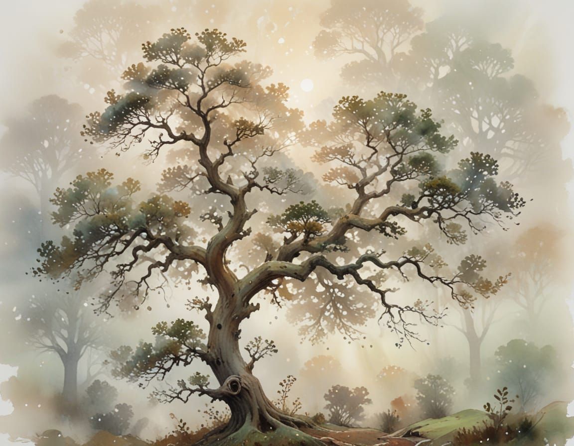 Enchanted Oak in Misty Clearing at Dusk