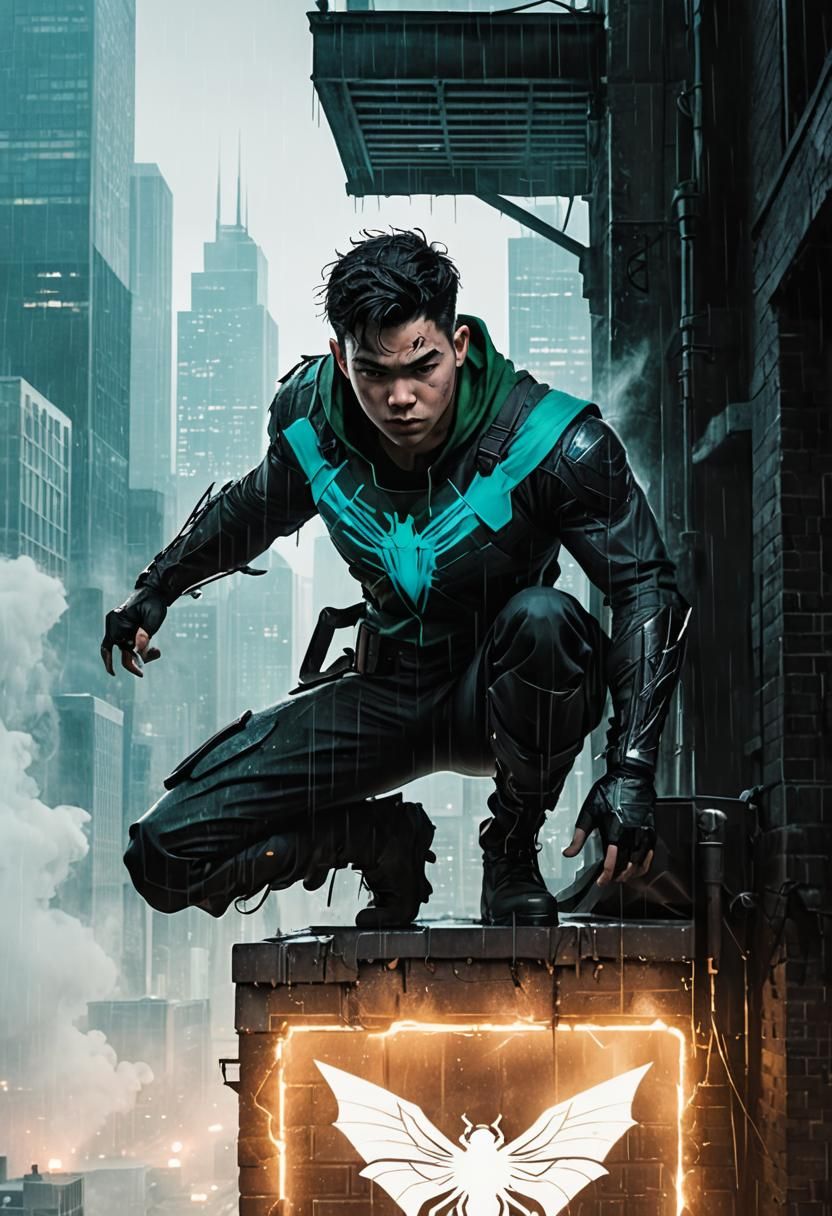 Superhero Vigilante Overlooking City in Comic Book Style