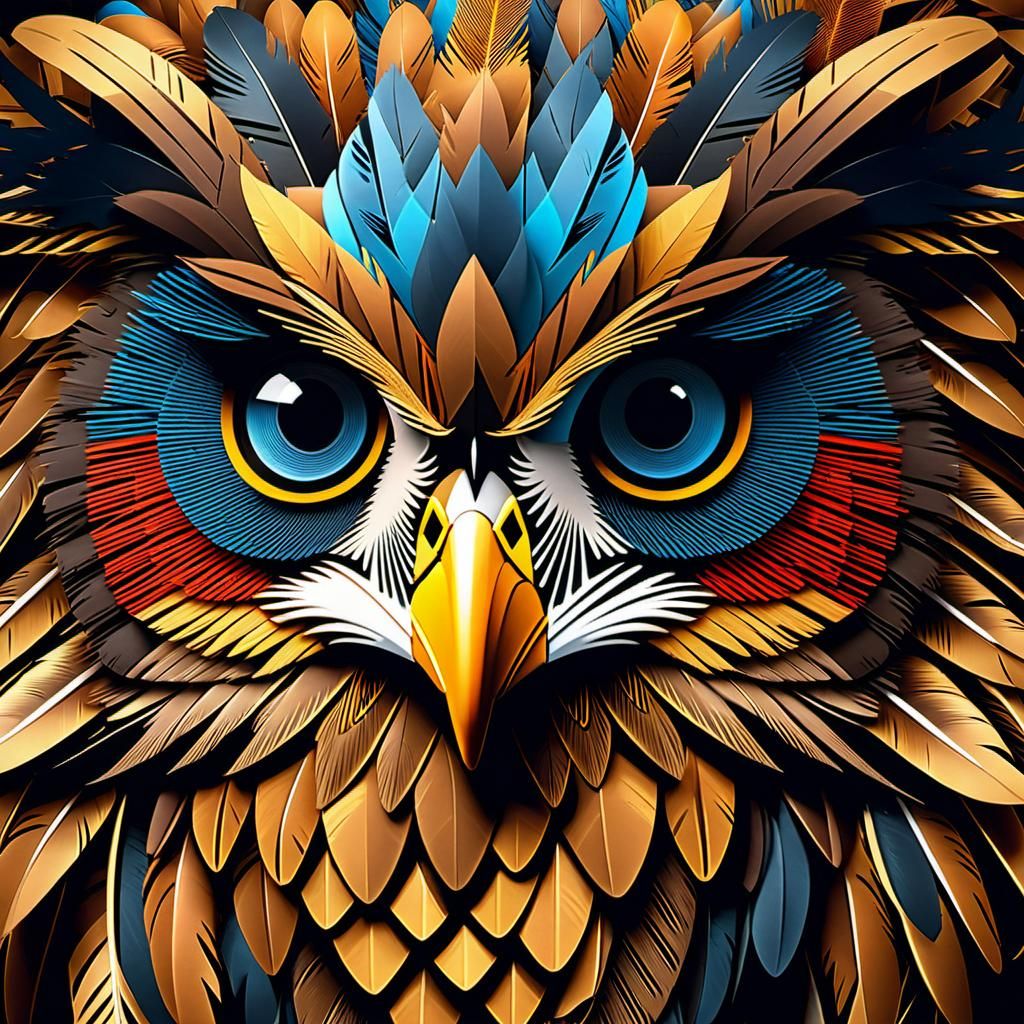 Cubist Owl with Complex Feather Details
