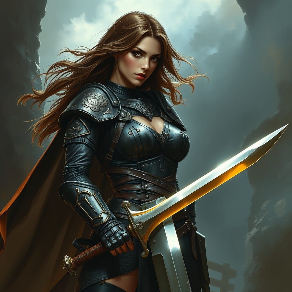 Woman Warrior with Sword in Fantasy Art Style