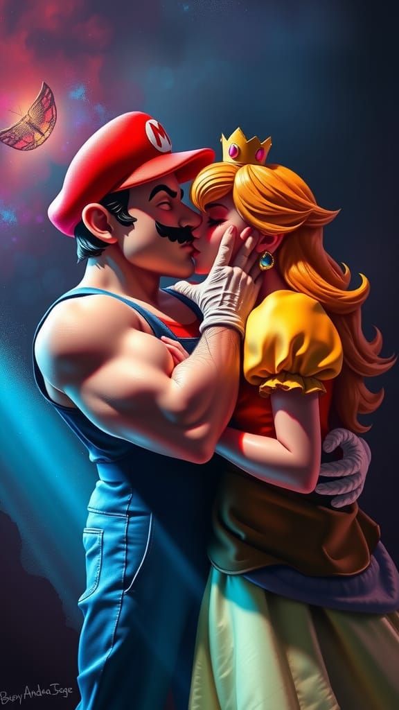Spawn as Mario Kissing Peach in Pop Surrealism Style