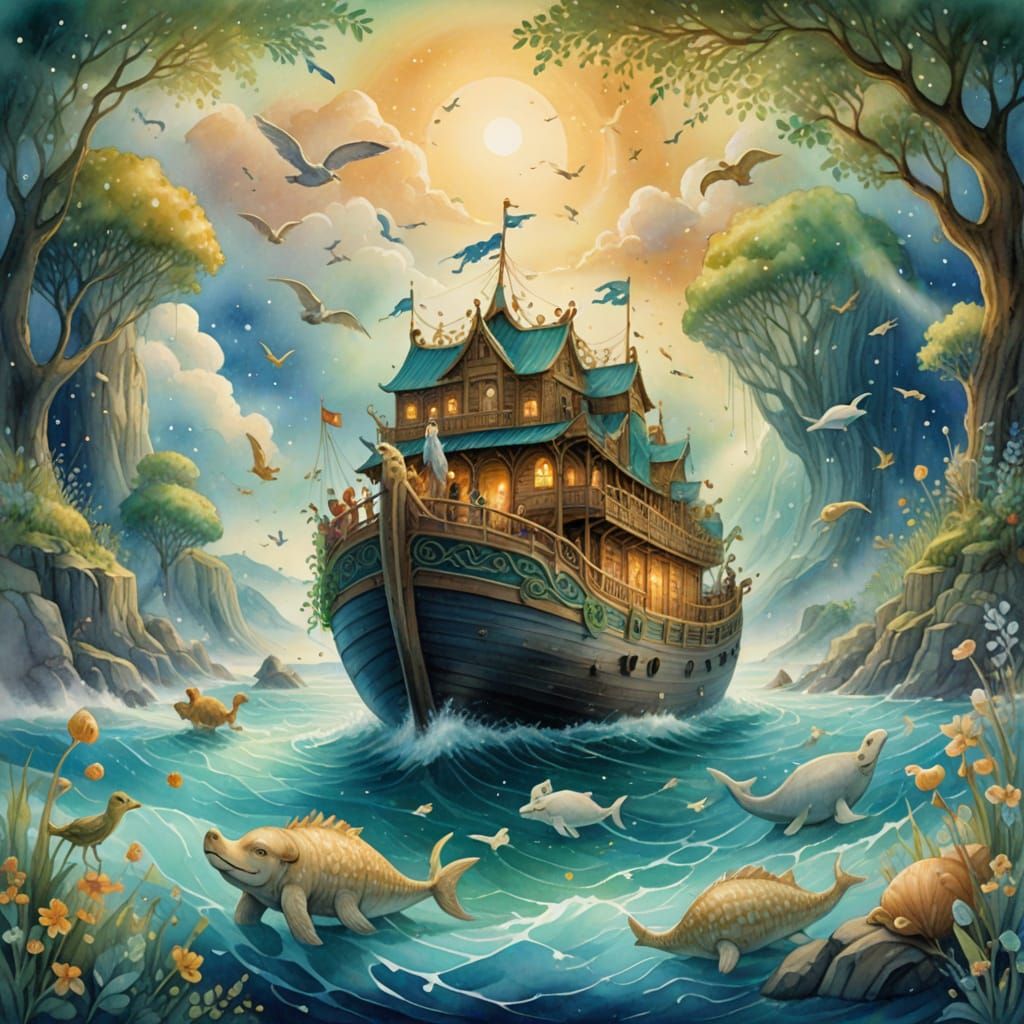 Surreal Watercolor of Noah's Ark in a Dreamy, Glowing Ocean
