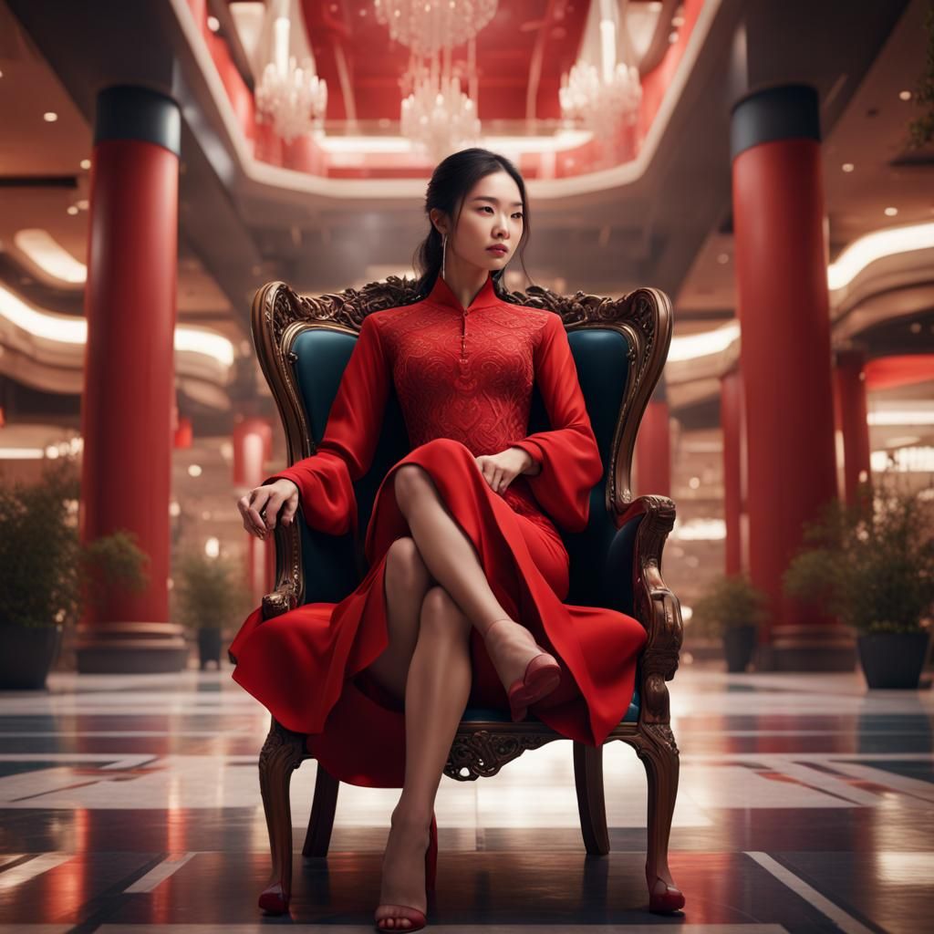 Asian Woman in Red Dress: Detailed Matte Painting