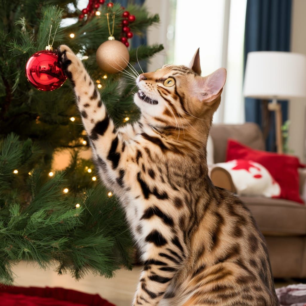 Cartoon Bengal Cat Attacks Christmas Ornaments