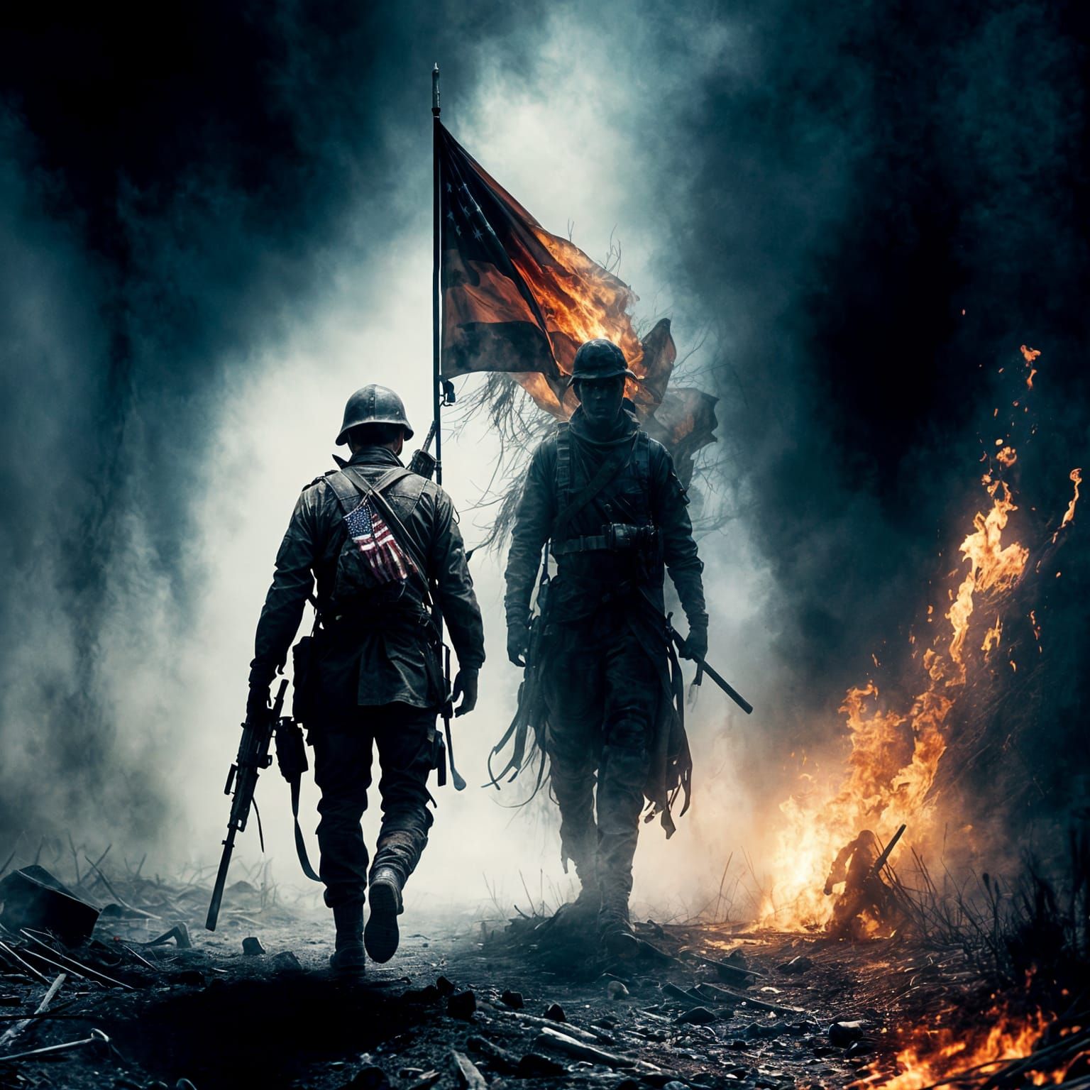 Gritty Future Soldier in Fiery Landscape