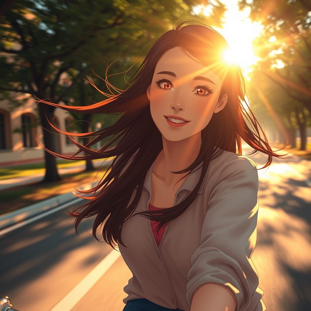 Mature Young Woman Rides Vintage Bicycle in Golden Hour