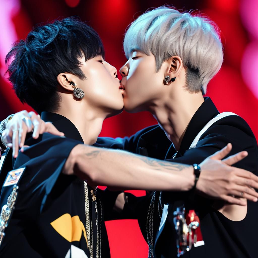 Realistic Image of Two Men Kissing on Stage