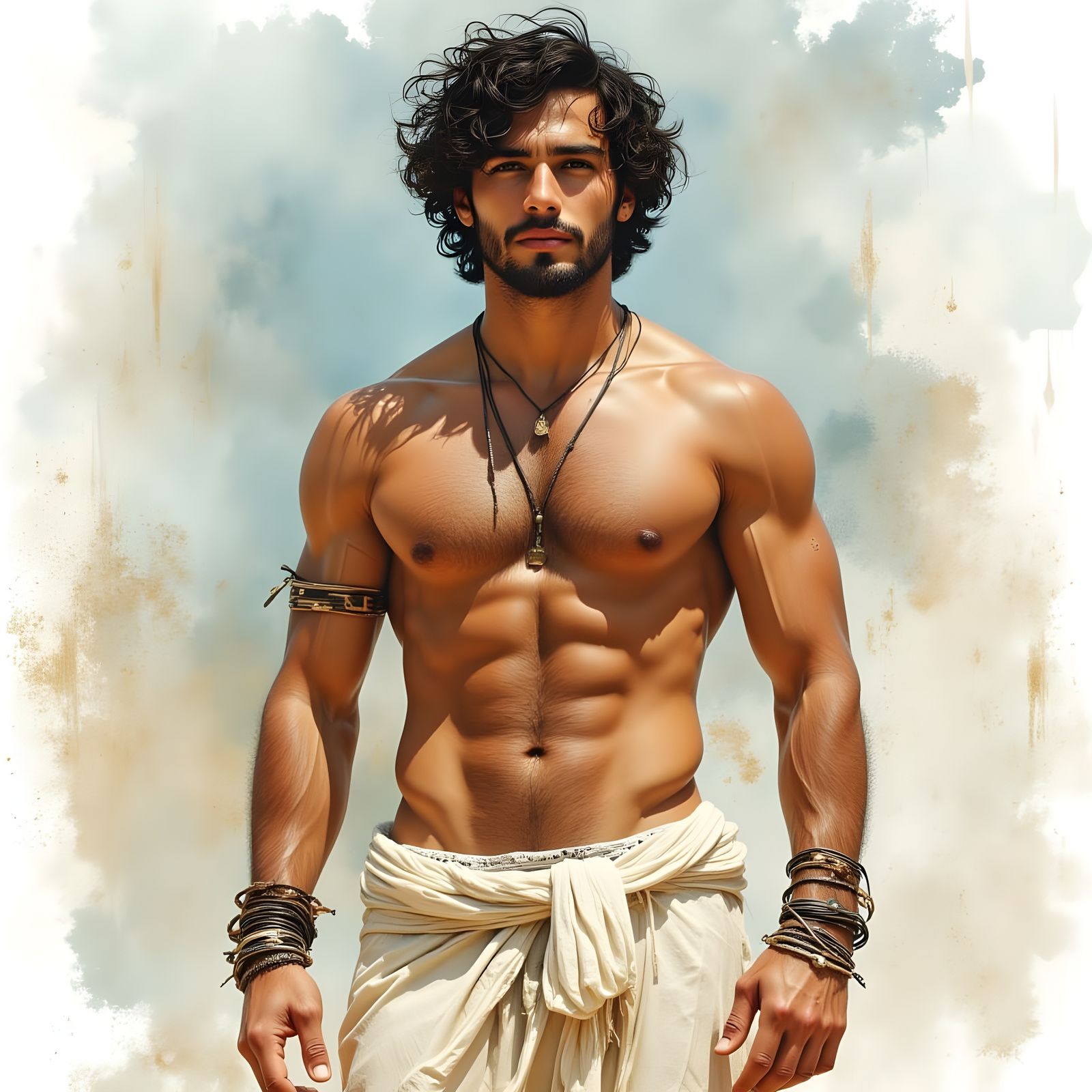 Muscular Man in Watercolor with Mythical Features