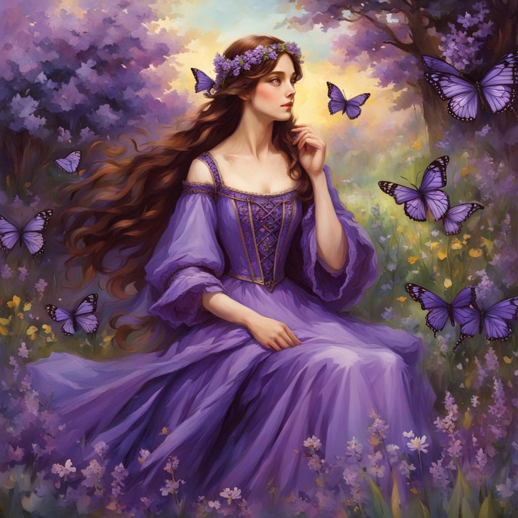 Medieval Maiden in Lilac Garden, Anime Style