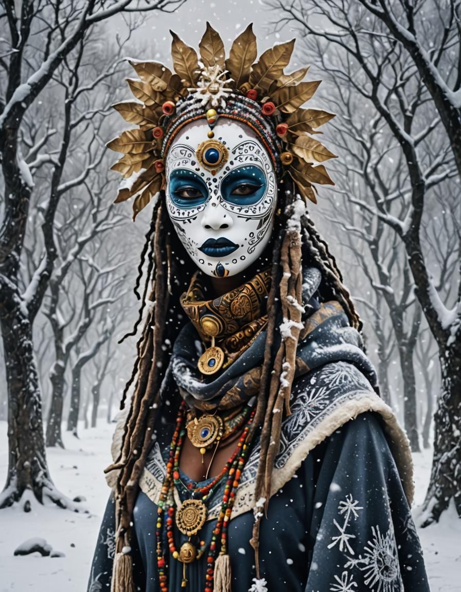 African voodoo mask, encircled by a mystical snowfall