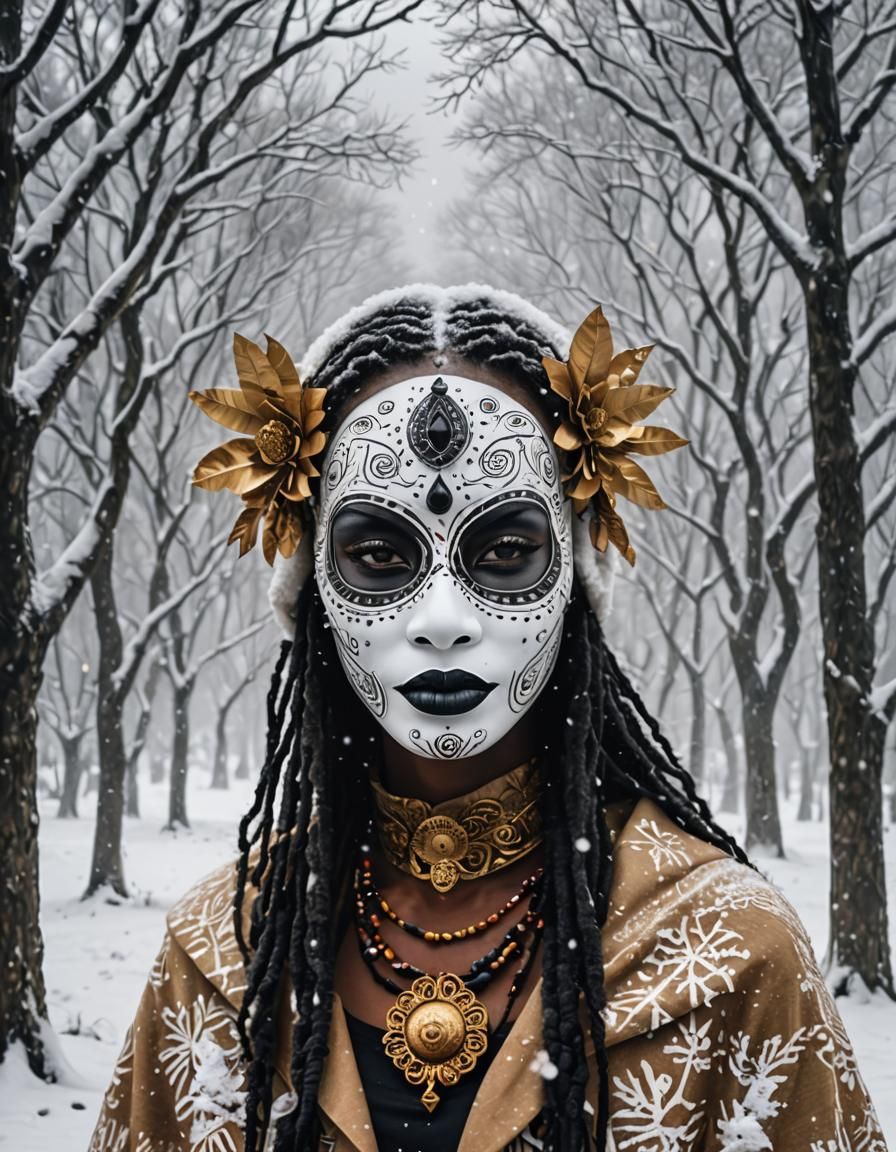 African voodoo mask, encircled by a mystical snowfall