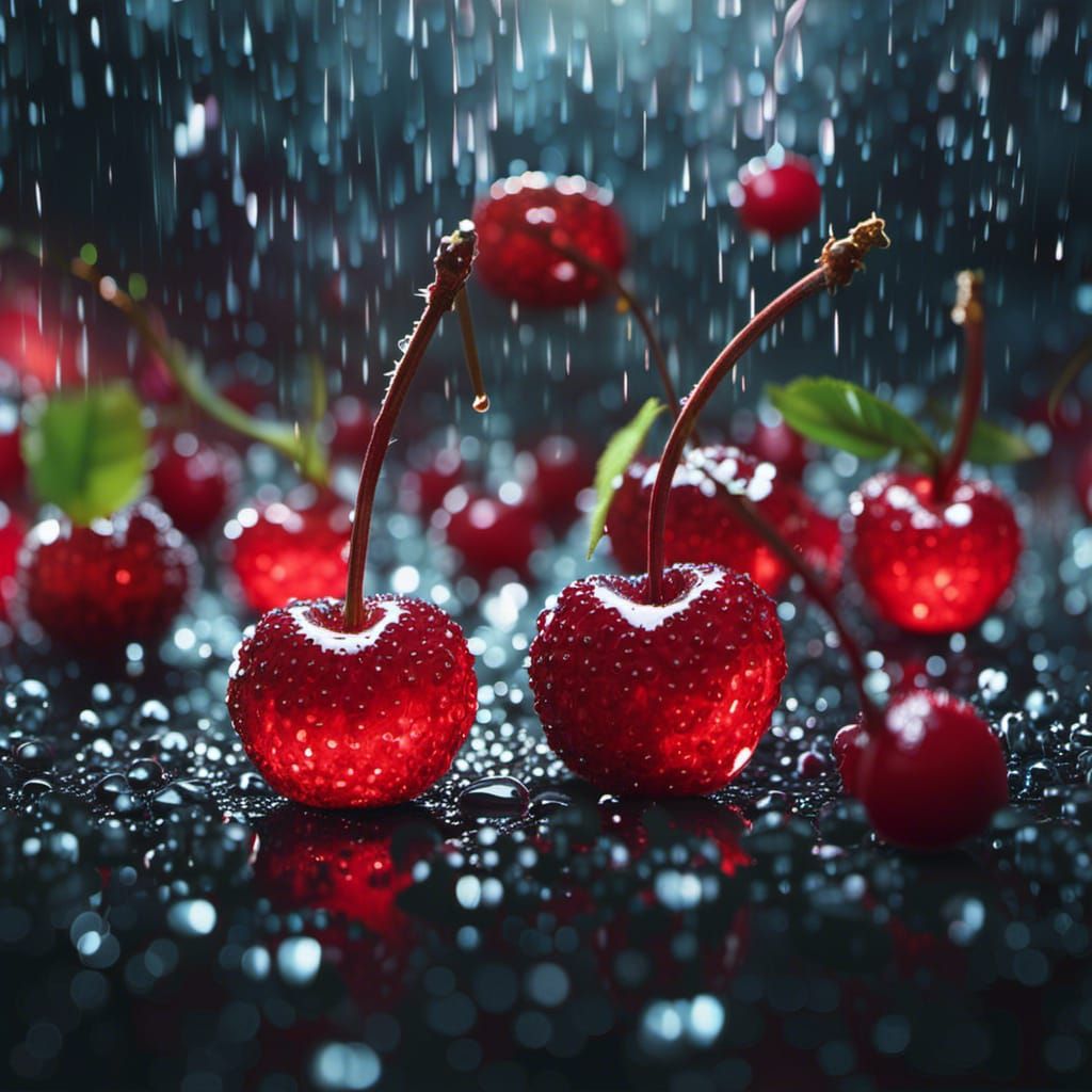 Crystal Cherries in Rain: Digital Matte Painting