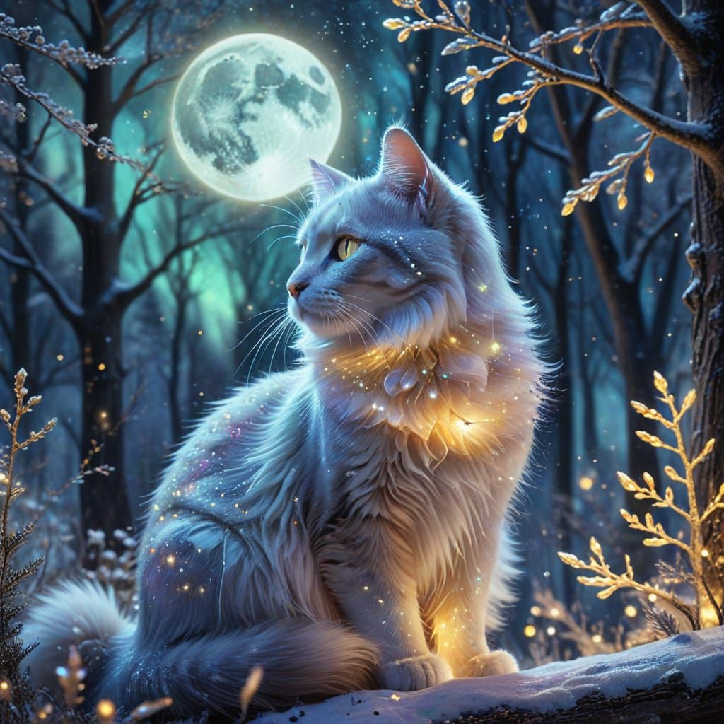 Whimsical Watercolor Fantasy Cat Amidst Celestial Wonders