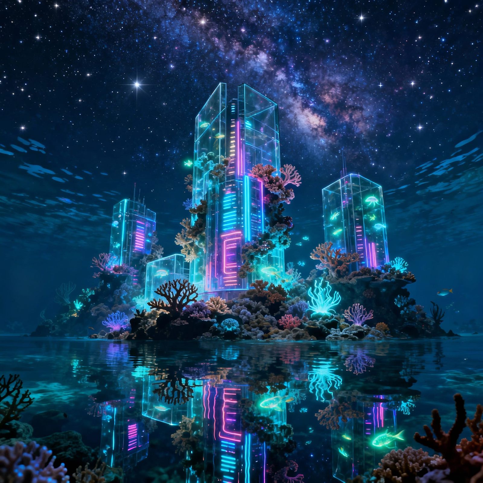 Futuristic Sunken City with Neon Lights and Starry Sky