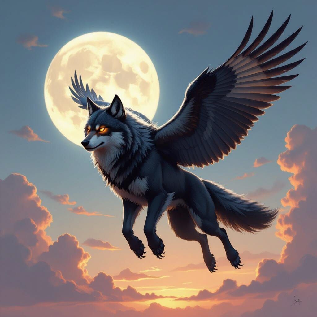 Mystical Werewolf Falcon Soars in Twilight Sky