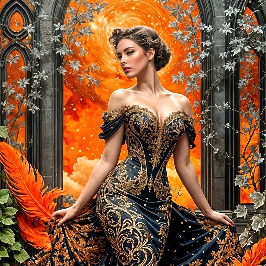 Woman in Starry Storm with Art Deco Filigree