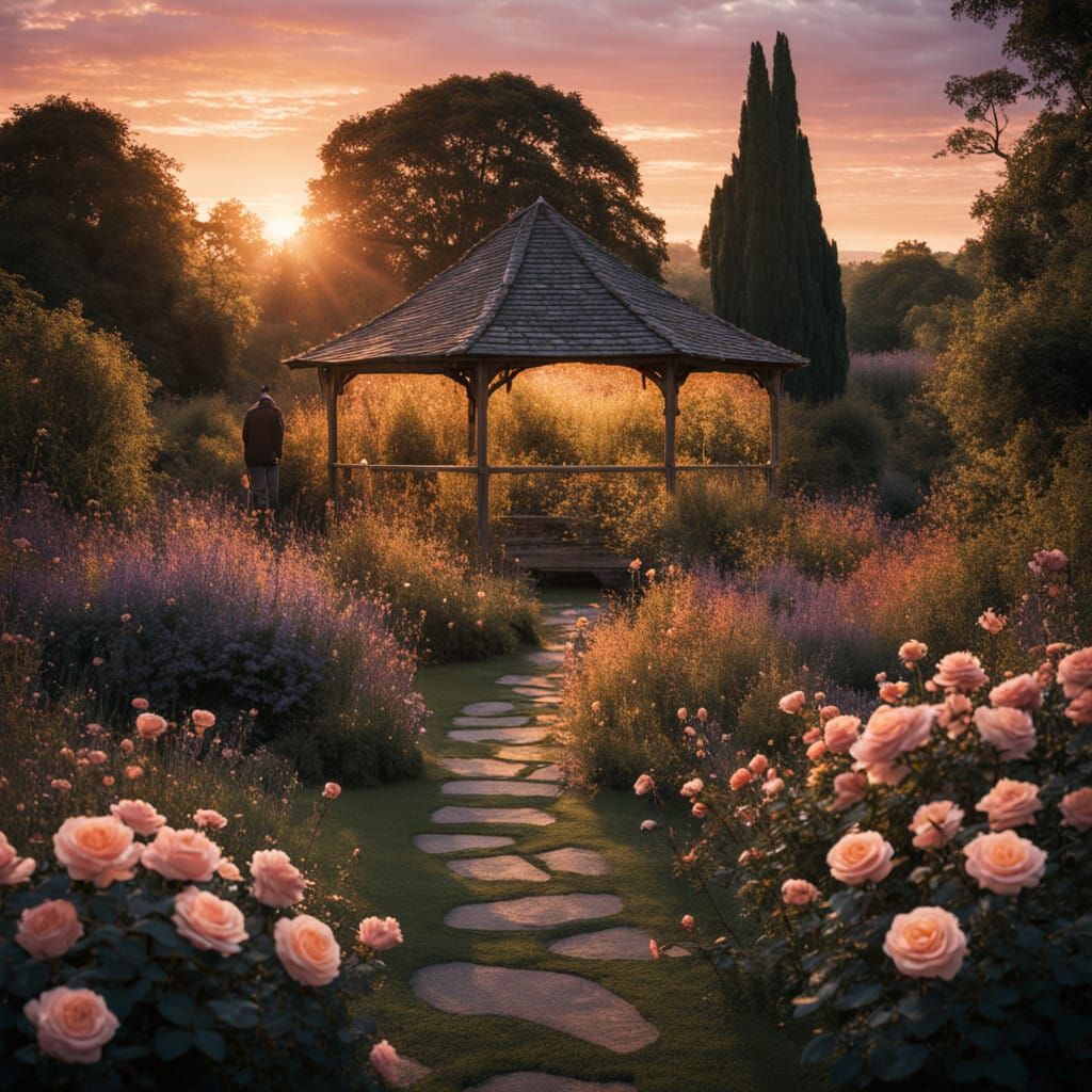 Sunset Garden in English Countryside