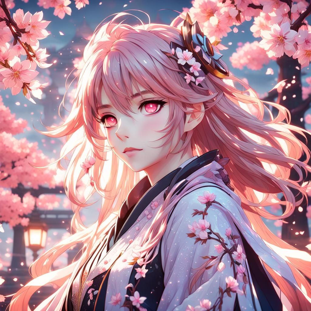 Anime Girl Portrait with Cherry Blossoms in 3D