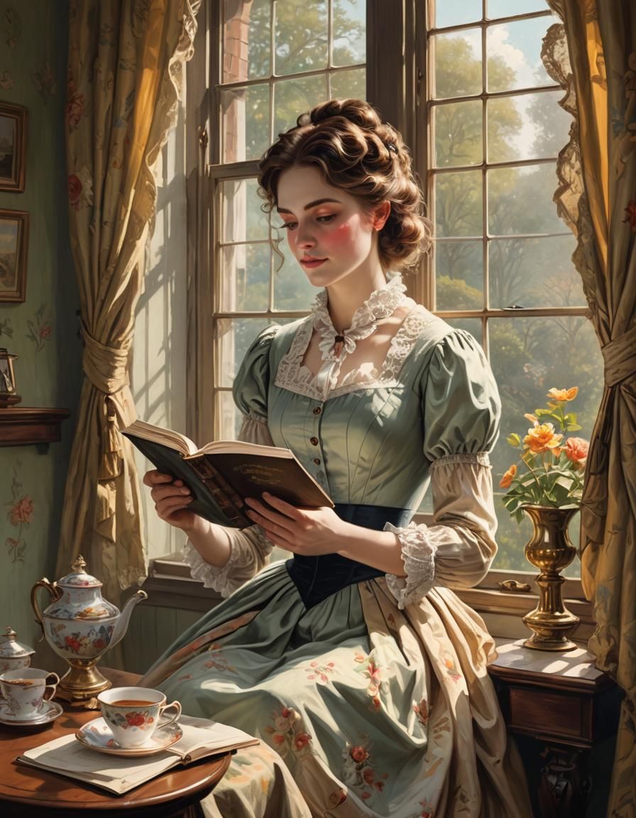 Victorian Woman Reading by Window, Full Color