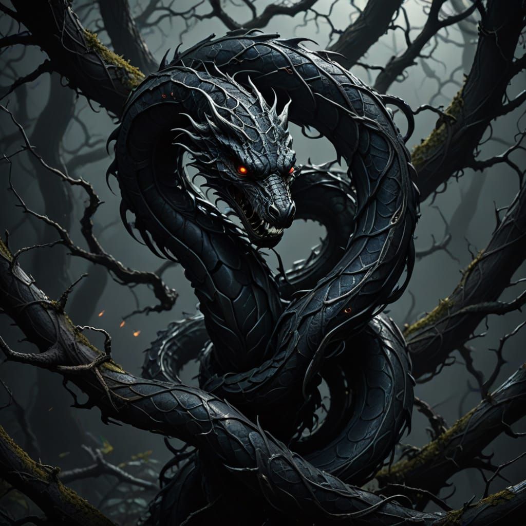 Dark Fantasy Serpent in Twisted Thorny Embrace