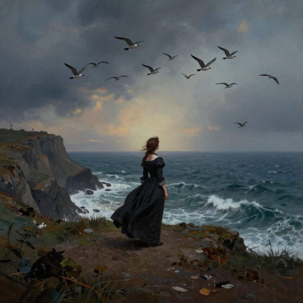 Regency Woman Overlooking Turbulent Ocean