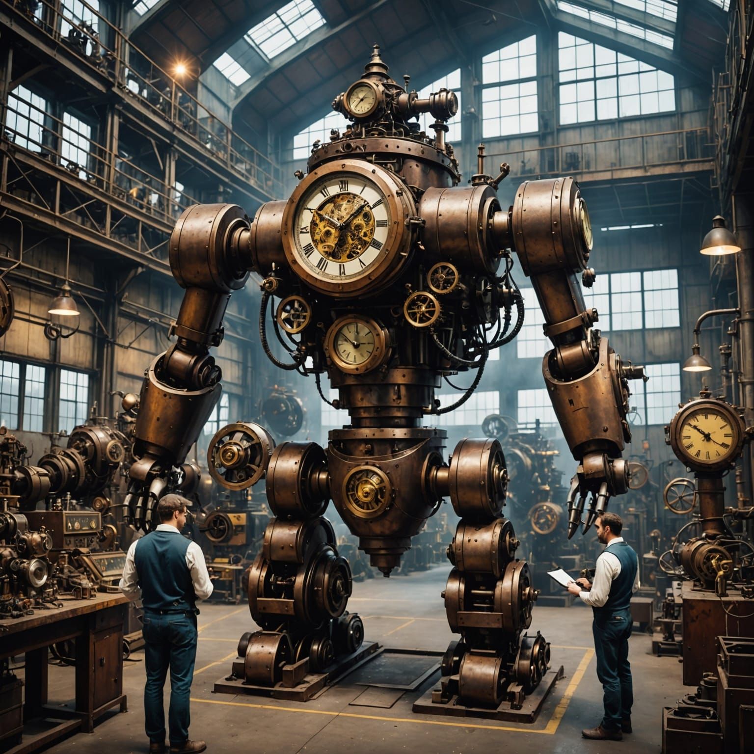 Steampunk Robots Working in Factory with Giant Clock
