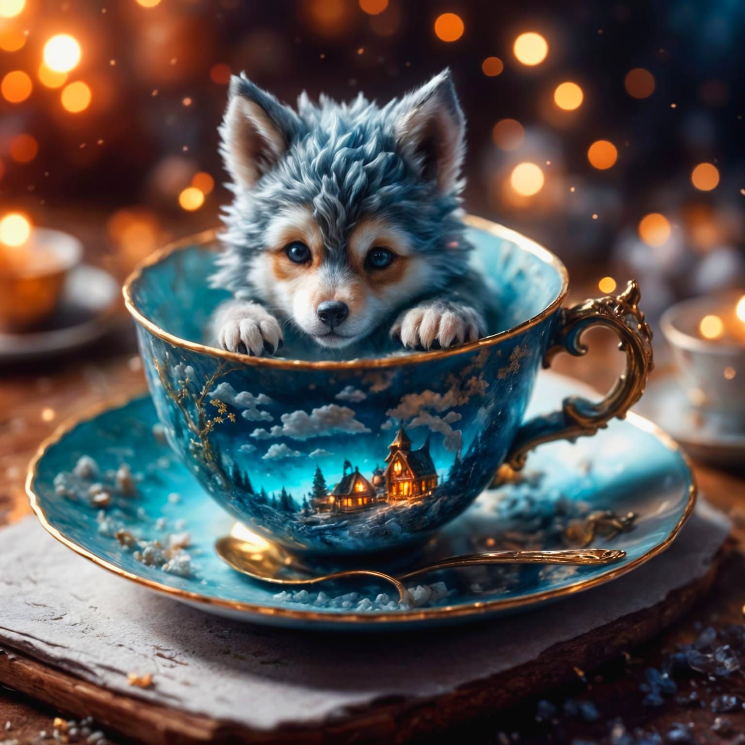 Fantasy Wolf Cub in 3D Teacup
